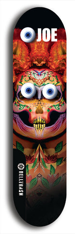 Skateboard deck: Limited edition, North American maple skateboard deck designed by underground artist BellyRash - available widths 7.5 to 8.5 inches in both mellow concave and steep concave shapes. Artwork: EYEBALL JOE logo brand popsicle-shaped deck