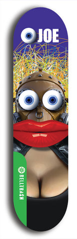 North American maple skateboard deck designed by underground artist BellyRash -- available in widths between 7.5 to 8.5 inches in both mellow concave and steep concave shapes from the BellyRash Limited Edition Blitz Deck series: Eyeball Joe
