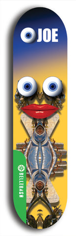North American maple skateboard deck designed by underground artist BellyRash -- available in widths between 7.5 to 8.5 inches in both mellow concave and steep concave shapes from the BellyRash Limited Edition Blitz Deck series: Eyeball Joe