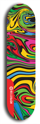 Skateboard deck: Limited edition, North American maple skateboard deck designed by underground artist BellyRash - available widths 7.5 to 8.5 inches in both mellow concave and steep concave shapes. Artwork: ABEX LIQUID brand popsicle-shaped with a multi-colored swirling patterned background