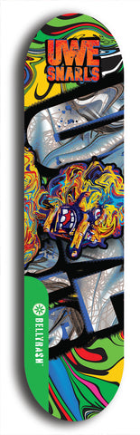 North American maple skateboard deck designed by underground artist BellyRash -- available in widths between 7.5 to 8.5 inches in both mellow concave and steep concave shapes from the BellyRash Limited Edition Blitz Deck series: Uwe Snarls