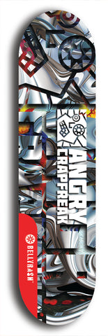 Skateboard deck: Limited edition, North American maple skateboard deck designed by underground artist BellyRash - available widths 7.5 to 8.5 inches in both mellow concave and steep concave shapes. Artwork: ANGRY CRAPFREAK brand popsicle-shaped skateboard deck.