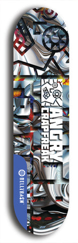 Skateboard deck: Limited edition, North American maple skateboard deck designed by underground artist BellyRash - available widths 7.5 to 8.5 inches in both mellow concave and steep concave shapes. Artwork: ANGRY CRAPFREAK brand popsicle-shaped skateboard deck.