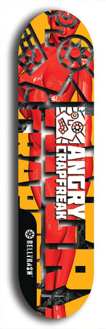 Skateboard deck: Limited edition, North American maple skateboard deck designed by underground artist BellyRash - available widths 7.5 to 8.5 inches in both mellow concave and steep concave shapes. Artwork: ANGRY CRAPFREAK brand popsicle-shaped skateboard deck.