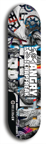 Skateboard deck: Limited edition, North American maple skateboard deck designed by underground artist BellyRash - available widths 7.5 to 8.5 inches in both mellow concave and steep concave shapes. Artwork: ANGRY CRAPFREAK brand popsicle-shaped skateboard deck.