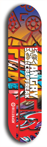 Skateboard deck: Limited edition, North American maple skateboard deck designed by underground artist BellyRash - available widths 7.5 to 8.5 inches in both mellow concave and steep concave shapes. Artwork: ANGRY CRAPFREAK brand popsicle-shaped skateboard deck.