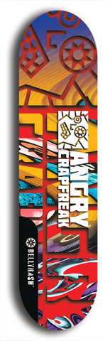 Skateboard deck: Limited edition, North American maple skateboard deck designed by underground artist BellyRash - available widths 7.5 to 8.5 inches in both mellow concave and steep concave shapes. Artwork: ANGRY CRAPFREAK brand popsicle-shaped skateboard deck.