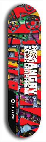 Skateboard deck: Limited edition, North American maple skateboard deck designed by underground artist BellyRash - available widths 7.5 to 8.5 inches in both mellow concave and steep concave shapes. Artwork: ANGRY CRAPFREAK brand popsicle-shaped skateboard deck.