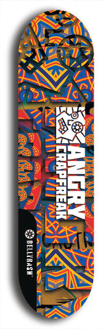 Skateboard deck: Limited edition, North American maple skateboard deck designed by underground artist BellyRash - available widths 7.5 to 8.5 inches in both mellow concave and steep concave shapes. Artwork: ANGRY CRAPFREAK brand popsicle-shaped skateboard deck.