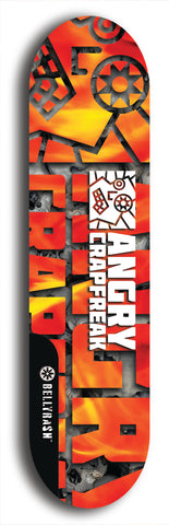 Skateboard deck: Limited edition, North American maple skateboard deck designed by underground artist BellyRash - available widths 7.5 to 8.5 inches in both mellow concave and steep concave shapes. Artwork: ANGRY CRAPFREAK brand popsicle-shaped skateboard deck.