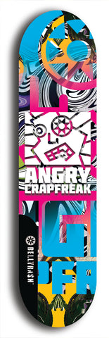 Skateboard deck: Limited edition, North American maple skateboard deck designed by underground artist BellyRash - available widths 7.5 to 8.5 inches in both mellow concave and steep concave shapes. Artwork: ANGRY CRAPFREAK brand popsicle-shaped skateboard deck.