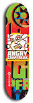 Skateboard deck: Limited edition, North American maple skateboard deck designed by underground artist BellyRash - available widths 7.5 to 8.5 inches in both mellow concave and steep concave shapes. Artwork: ANGRY CRAPFREAK brand popsicle-shaped skateboard deck.