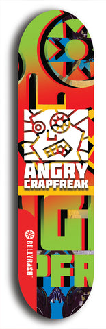 Skateboard deck: Limited edition, North American maple skateboard deck designed by underground artist BellyRash - available widths 7.5 to 8.5 inches in both mellow concave and steep concave shapes. Artwork: ANGRY CRAPFREAK brand popsicle-shaped skateboard deck.