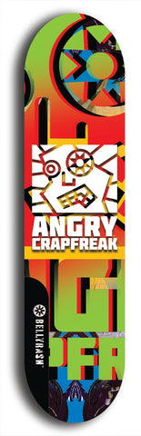 Skateboard deck: Limited edition, North American maple skateboard deck designed by underground artist BellyRash - available widths 7.5 to 8.5 inches in both mellow concave and steep concave shapes. Artwork: ANGRY CRAPFREAK brand popsicle-shaped skateboard deck.