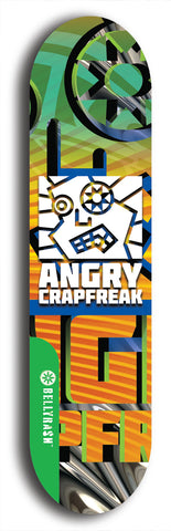 Skateboard deck: Limited edition, North American maple skateboard deck designed by underground artist BellyRash - available widths 7.5 to 8.5 inches in both mellow concave and steep concave shapes. Artwork: ANGRY CRAPFREAK brand popsicle-shaped skateboard deck.