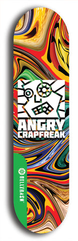 North American maple skateboard deck designed by underground artist BellyRash -- available in widths between 7.5 to 8.5 inches in both mellow concave and steep concave shapes from the BellyRash Limited Edition Blitz Deck series: Angry Crapfreak
