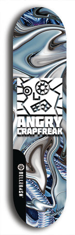 Skateboard deck: Limited edition, North American maple skateboard deck designed by underground artist BellyRash - available widths 7.5 to 8.5 inches in both mellow concave and steep concave shapes. Artwork: ANGRY CRAPFREAK brand popsicle-shaped skateboard deck.