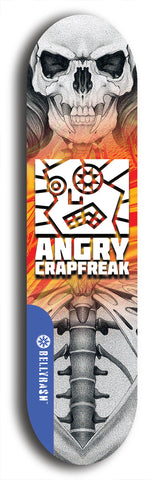 Skateboard deck: Limited edition, North American maple skateboard deck designed by underground artist BellyRash - available widths 7.5 to 8.5 inches in both mellow concave and steep concave shapes. Artwork: ANGRY CRAPFREAK brand popsicle-shaped skateboard deck.