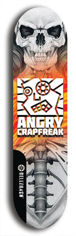 Skateboard deck: Limited edition, North American maple skateboard deck designed by underground artist BellyRash - available widths 7.5 to 8.5 inches in both mellow concave and steep concave shapes. Artwork: ANGRY CRAPFREAK brand popsicle-shaped skateboard deck.