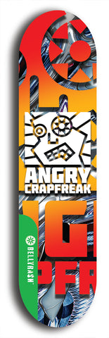 North American maple skateboard deck designed by underground artist BellyRash -- available in widths between 7.5 to 8.5 inches in both mellow concave and steep concave shapes from the BellyRash Limited Edition Blitz Deck series: Angry Crapfreak