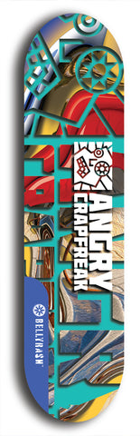 Skateboard deck: Limited edition, North American maple skateboard deck designed by underground artist BellyRash - available widths 7.5 to 8.5 inches in both mellow concave and steep concave shapes. Artwork: ANGRY CRAPFREAK brand popsicle-shaped skateboard deck.