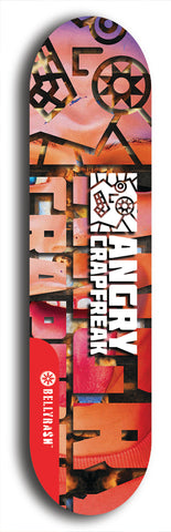 Skateboard deck: Limited edition, North American maple skateboard deck designed by underground artist BellyRash - available widths 7.5 to 8.5 inches in both mellow concave and steep concave shapes. Artwork: ANGRY CRAPFREAK brand popsicle-shaped skateboard deck.