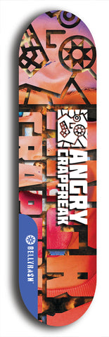 Skateboard deck: Limited edition, North American maple skateboard deck designed by underground artist BellyRash - available widths 7.5 to 8.5 inches in both mellow concave and steep concave shapes. Artwork: ANGRY CRAPFREAK brand popsicle-shaped skateboard deck.