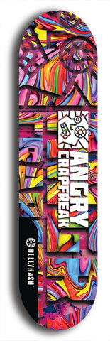 Skateboard deck: Limited edition, North American maple skateboard deck designed by underground artist BellyRash - available widths 7.5 to 8.5 inches in both mellow concave and steep concave shapes. Artwork: ANGRY CRAPFREAK brand popsicle-shaped skateboard deck.