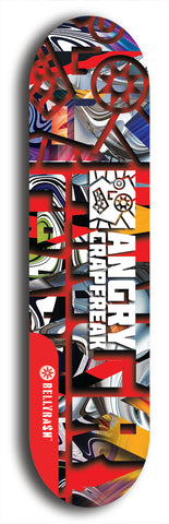 Skateboard deck: Limited edition, North American maple skateboard deck designed by underground artist BellyRash - available widths 7.5 to 8.5 inches in both mellow concave and steep concave shapes. Artwork: ANGRY CRAPFREAK brand popsicle-shaped skateboard deck.