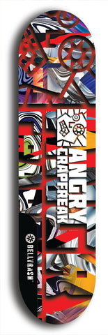 Skateboard deck: Limited edition, North American maple skateboard deck designed by underground artist BellyRash - available widths 7.5 to 8.5 inches in both mellow concave and steep concave shapes. Artwork: ANGRY CRAPFREAK brand popsicle-shaped skateboard deck.