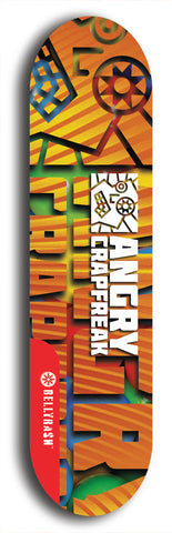 Skateboard deck: Limited edition, North American maple skateboard deck designed by underground artist BellyRash - available widths 7.5 to 8.5 inches in both mellow concave and steep concave shapes. Artwork: ANGRY CRAPFREAK brand popsicle-shaped skateboard deck.