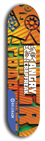 Skateboard deck: Limited edition, North American maple skateboard deck designed by underground artist BellyRash - available widths 7.5 to 8.5 inches in both mellow concave and steep concave shapes. Artwork: ANGRY CRAPFREAK brand popsicle-shaped skateboard deck.