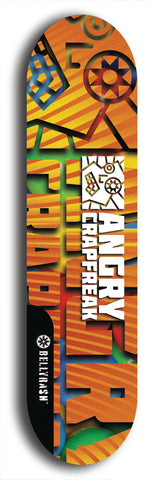 Skateboard deck: Limited edition, North American maple skateboard deck designed by underground artist BellyRash - available widths 7.5 to 8.5 inches in both mellow concave and steep concave shapes. Artwork: ANGRY CRAPFREAK brand popsicle-shaped skateboard deck.