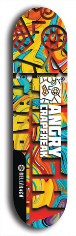 Skateboard deck: Limited edition, North American maple skateboard deck designed by underground artist BellyRash - available widths 7.5 to 8.5 inches in both mellow concave and steep concave shapes. Artwork: ANGRY CRAPFREAK brand popsicle-shaped skateboard deck.