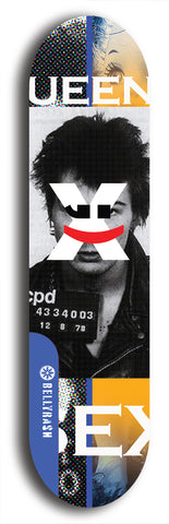 Skateboard deck: Limited edition, North American maple skateboard deck designed by underground artist BellyRash -- available in widths 7.5 to 8.5 inches in both mellow concave and steep concave shapes. Artwork: X;) brand popsicle-shaped skateboard deck with X;) logo broken into multiple colors and shades. Sid Vicious mugshot skateboard deck.