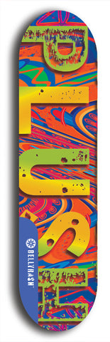 Skateboard deck: Limited edition, North American maple skateboard deck designed by underground artist BellyRash - available widths 7.5 to 8.5 inches in both mellow concave and steep concave shapes. Artwork: PLUSH logo brand popsicle-shaped deck