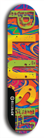 Skateboard deck: Limited edition, North American maple skateboard deck designed by underground artist BellyRash - available widths 7.5 to 8.5 inches in both mellow concave and steep concave shapes. Artwork: PLUSH logo brand popsicle-shaped deck