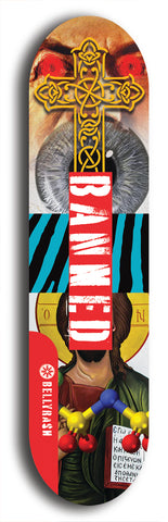 North American maple skateboard deck designed by underground artist BellyRash -- available in widths between 7.5 to 8.5 inches in both mellow concave and steep concave shapes from the BellyRash Limited Edition Blitz Deck series: Banned