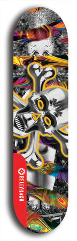 North American maple skateboard deck designed by underground artist BellyRash -- available in widths between 7.5 to 8.5 inches in both mellow concave and steep concave shapes. Artwork: A.I. generated chrome skull and crossbones