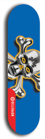 North American maple skateboard deck designed by underground artist BellyRash -- available in widths between 7.5 to 8.5 inches in both mellow concave and steep concave shapes. Artwork: A.I. generated chrome skull and crossbones