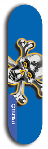 North American maple skateboard deck designed by underground artist BellyRash -- available in widths between 7.5 to 8.5 inches in both mellow concave and steep concave shapes. Artwork: A.I. generated chrome skull and crossbones