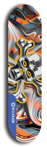 North American maple skateboard deck designed by underground artist BellyRash -- available in widths between 7.5 to 8.5 inches in both mellow concave and steep concave shapes. Artwork: A.I. generated chrome skull and crossbones