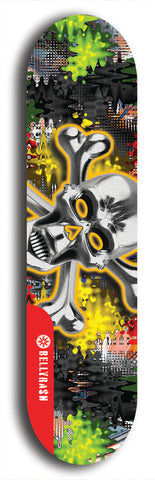 North American maple skateboard deck designed by underground artist BellyRash -- available in widths between 7.5 to 8.5 inches in both mellow concave and steep concave shapes. Artwork: A.I. generated chrome skull and crossbones