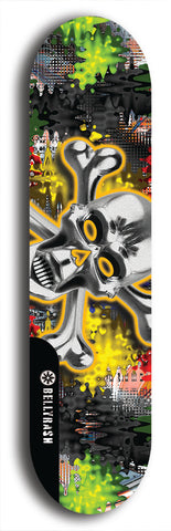 North American maple skateboard deck designed by underground artist BellyRash -- available in widths between 7.5 to 8.5 inches in both mellow concave and steep concave shapes. Artwork: A.I. generated chrome skull and crossbones