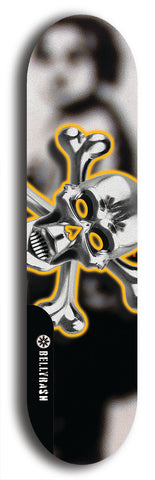 North American maple skateboard deck designed by underground artist BellyRash -- available in widths between 7.5 to 8.5 inches in both mellow concave and steep concave shapes. Artwork: A.I. generated chrome skull and crossbones