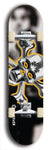 North American maple skateboard deck designed by underground artist BellyRash -- available in widths between 7.5 to 8.5 inches in both mellow concave and steep concave shapes. Artwork: A.I. generated chrome skull and crossbones