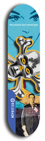 North American maple skateboard deck designed by underground artist BellyRash -- available in widths between 7.5 to 8.5 inches in both mellow concave and steep concave shapes. Artwork: A.I. generated chrome skull and crossbones