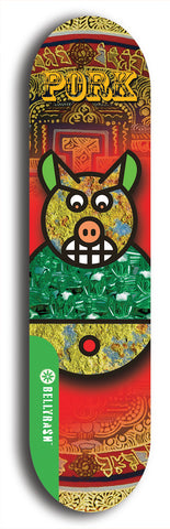 North American maple skateboard deck designed by underground artist BellyRash -- available in widths between 7.5 to 8.5 inches in both mellow concave and steep concave shapes from the BellyRash Limited Edition Blitz Deck series: Pork Belly Bob