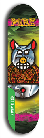 North American maple skateboard deck designed by underground artist BellyRash -- available in widths between 7.5 to 8.5 inches in both mellow concave and steep concave shapes from the BellyRash Limited Edition Blitz Deck series: Pork Belly Bob