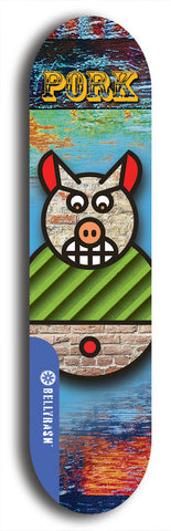 Limited edition, North American maple skateboard deck designed by underground artist BellyRash -- available in widths 7.5 to 8.5 inches in both mellow concave and steep concave shapes. Artwork: PORK BELLY BOB brand popsicle-shaped skateboard deck with a varied, multi-colored background